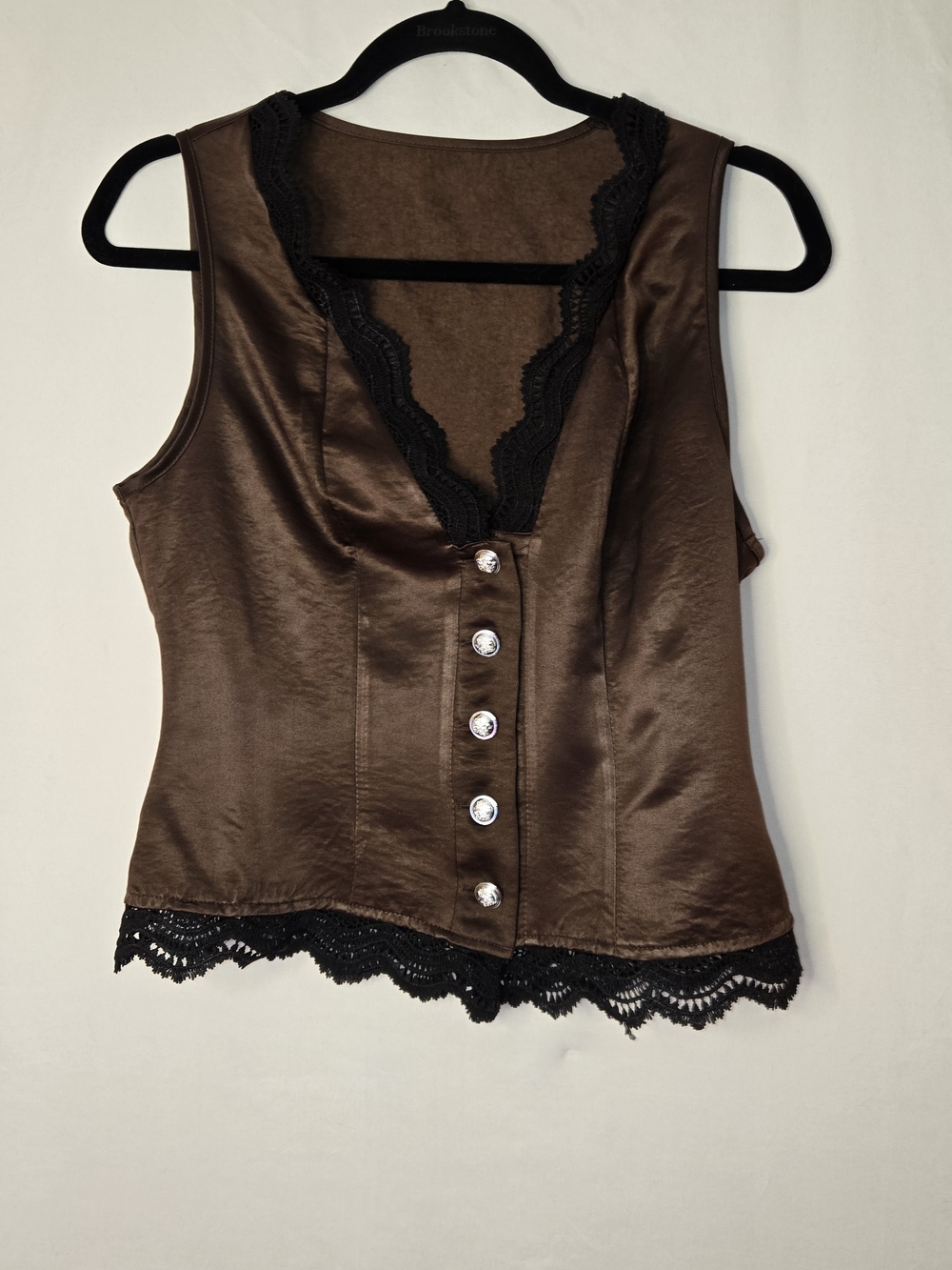 Satin Brown Lace-Trim Button Front Tank